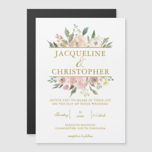 Invitación Magnética Elegante Boda Rubor de guion dorado rosado floral