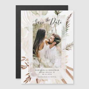 Invitación Magnética Elegante Boho Floral Pampas Foto Guardar La Fecha