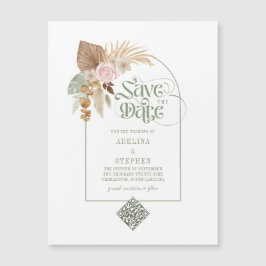 Invitación Magnética Elegante Boho Tropical Flores Secas Arch Código QR