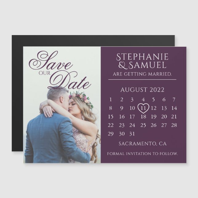 Invitación Magnética Elegante calendario Boda púrpura Guardar la fecha  (Anverso/Reverso)