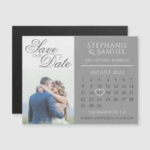 Invitación Magnética Elegante calendario gris Boda Foto Guardar fecha