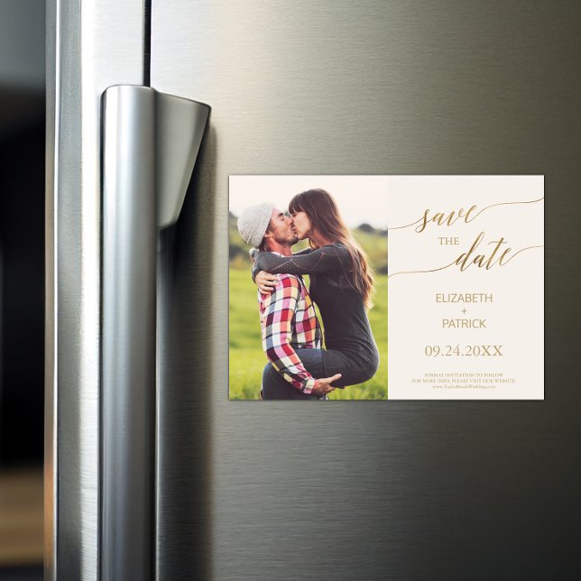 Invitación Magnética Elegante caligrafía de oro Foto de marfil Guardar  (Subido por el creador)