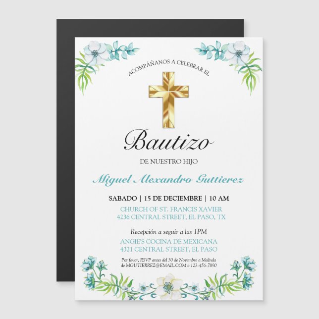 Invitación Magnética Elegante Cruz y Flores Para Niño Bautizo (Anverso/Reverso)