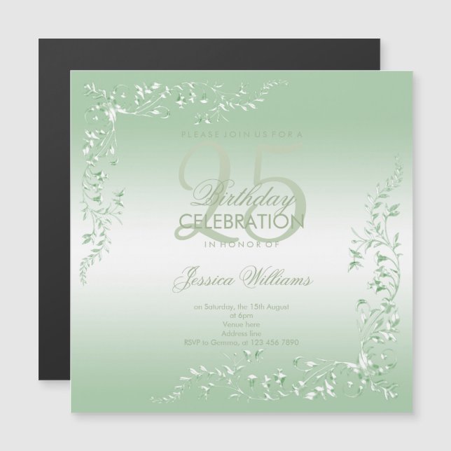 Invitación Magnética Elegante decoración esmeralda 25 cumpleaños  (Anverso/Reverso)