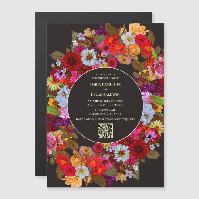 Invitación Magnética Elegante Disposición de Flores Mixtas - Boda de có (Anverso/Reverso)