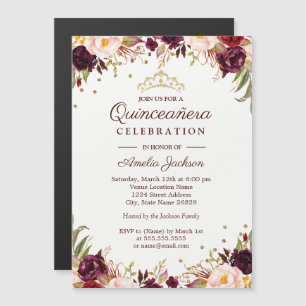 Invitación Magnética Elegante Dorado Burgundy Floral Quinceanera