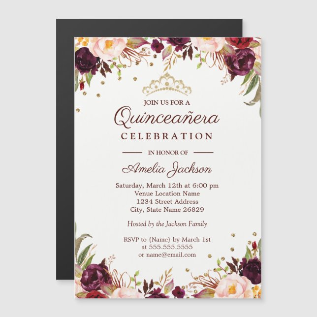 Invitación Magnética Elegante Dorado Burgundy Floral Quinceanera (Anverso/Reverso)