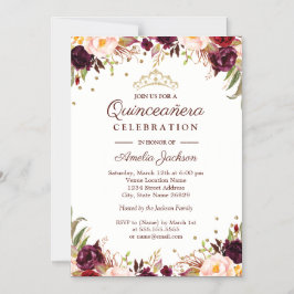 Invitación Magnética Elegante Dorado Burgundy Floral Quinceanera