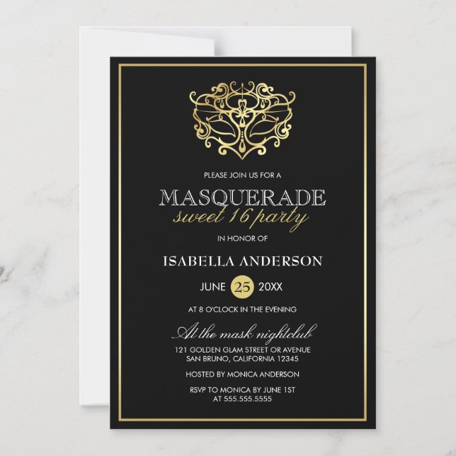 Invitación Magnética Elegante dorado y dulce de máscaras negras 16 Fies (Anverso)