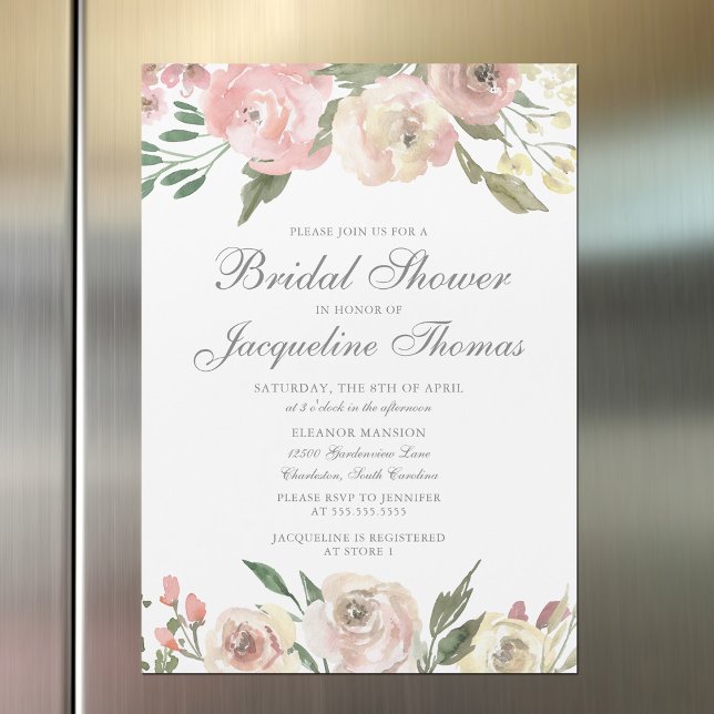 Invitación Magnética Elegante ducha de novia con flores de marfil rosad (Subido por el creador)