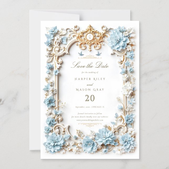 Invitación Magnética Elegante Dusty Blue Hydrangeas Faux Grabado en rel (Anverso)