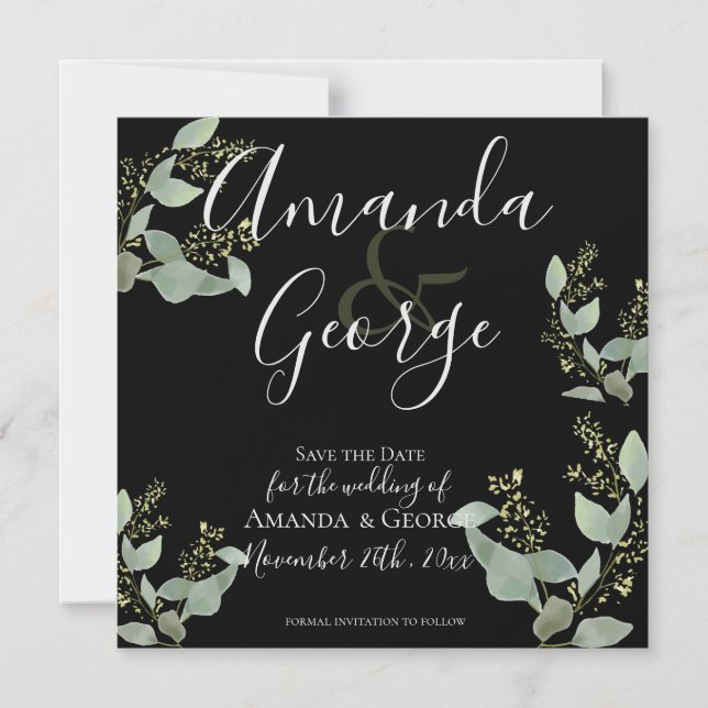 Invitación Magnética Elegante Eucalipto Negro Sale De La Fecha (Anverso)