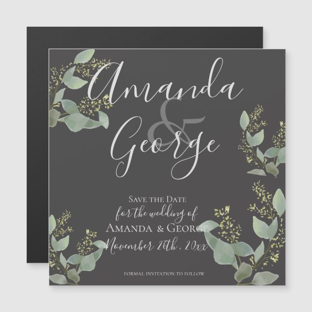Invitación Magnética Elegante Eucalipto Negro Sale De La Fecha (Anverso/Reverso)