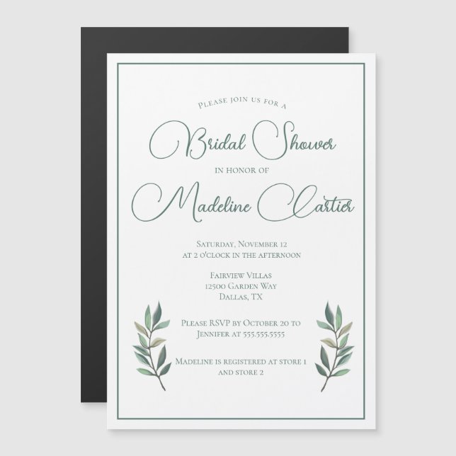 Invitación Magnética Elegante Eucalipto Verde Hoja Moderna Ducha Bridal (Anverso/Reverso)