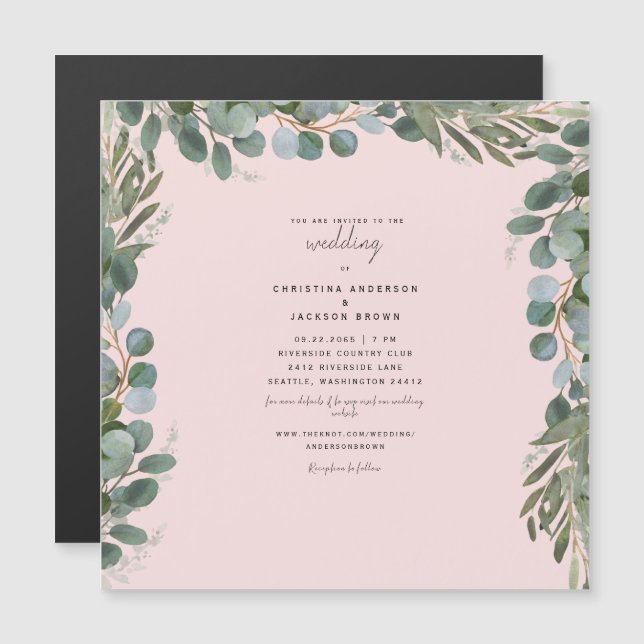 Invitación Magnética Elegante Eucalyptus Rubor Boda II Magnético (Anverso/Reverso)
