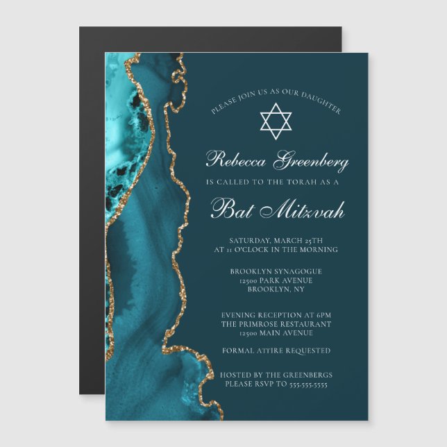 Invitación Magnética Elegante fiesta de Bat Mitzvah en turquesa y oro (Anverso/Reverso)