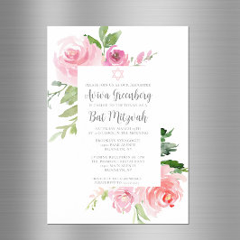 Invitación Magnética Elegante fiesta de Bat Mitzvah floral rosa en acua