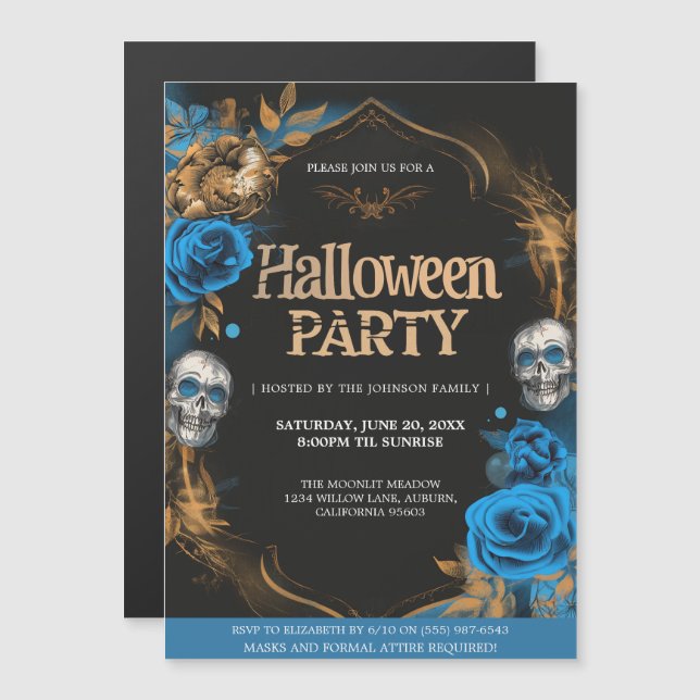 Invitación Magnética Elegante fiesta de Halloween Blue & Gold (Anverso/Reverso)