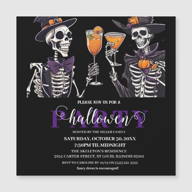 Invitación Magnética Elegante Floral Skull Adulto Halloween Party Invit (Anverso)
