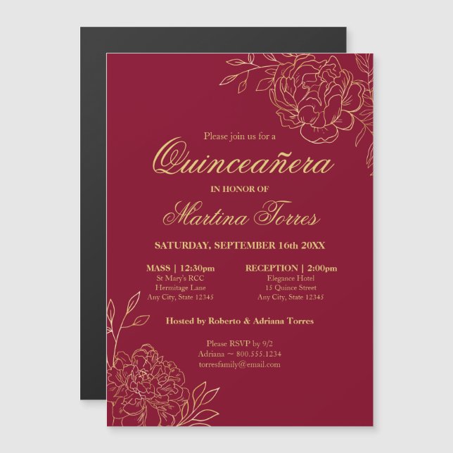 Invitación Magnética Elegante Flores De Oro Borgoña Floral Quinceanera (Anverso/Reverso)