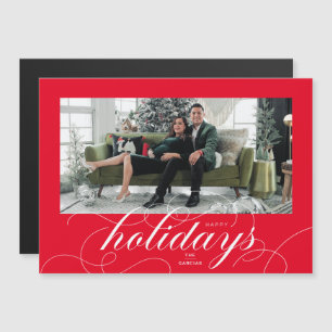 Invitación Magnética Elegante Flourish Script Red Holiday Photo Card