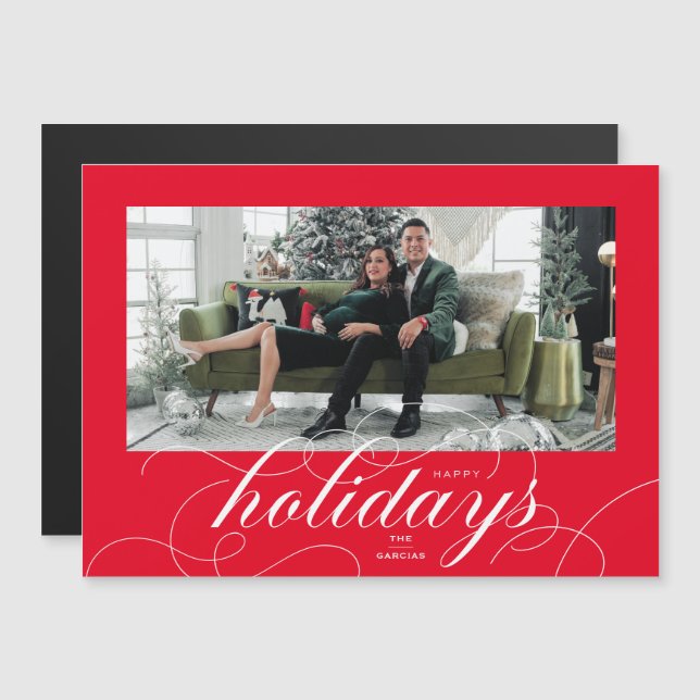 Invitación Magnética Elegante Flourish Script Red Holiday Photo Card (Anverso/Reverso)