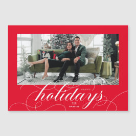 Invitación Magnética Elegante Flourish Script Red Holiday Photo Card