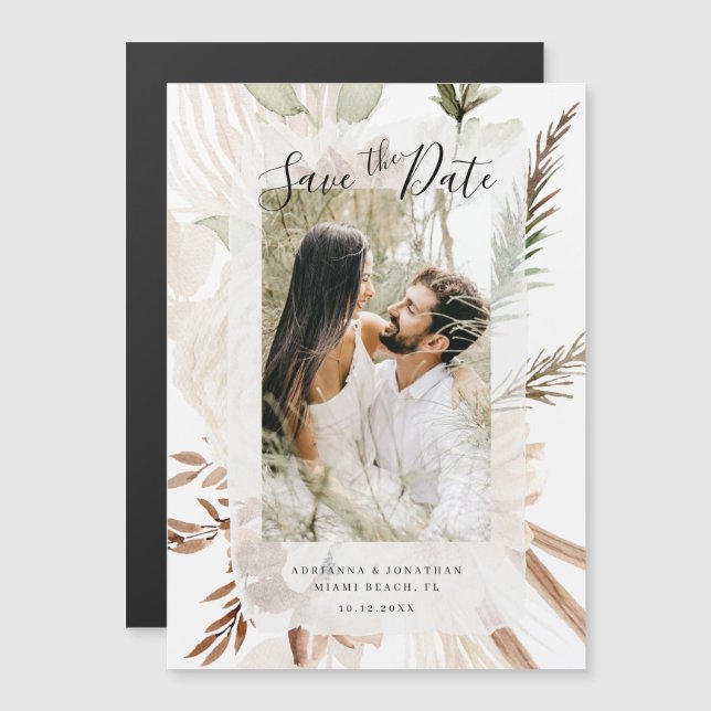 Invitación Magnética Elegante Foto De Boho Floral Pampas Guardar La Fec (Anverso/Reverso)
