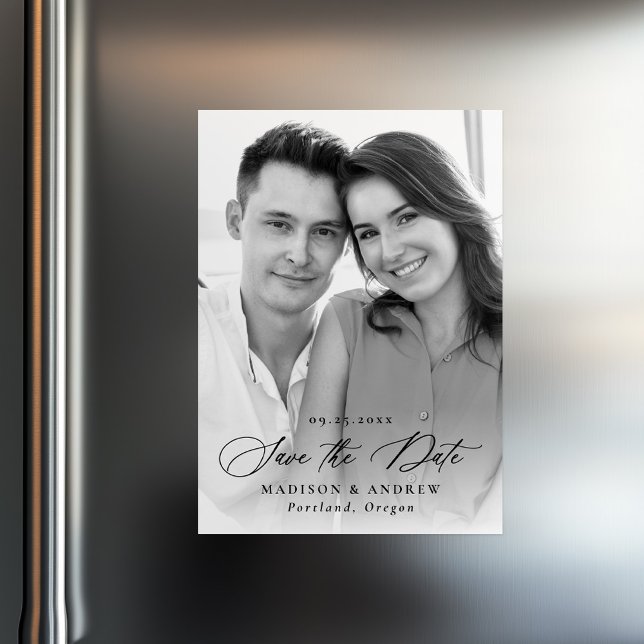 Invitación Magnética Elegante foto de caligrafía negra para salvar la f (Subido por el creador)