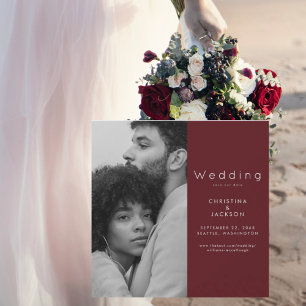 Invitación Magnética Elegante Foto de Pareja en Rojo Rubí Save the Date