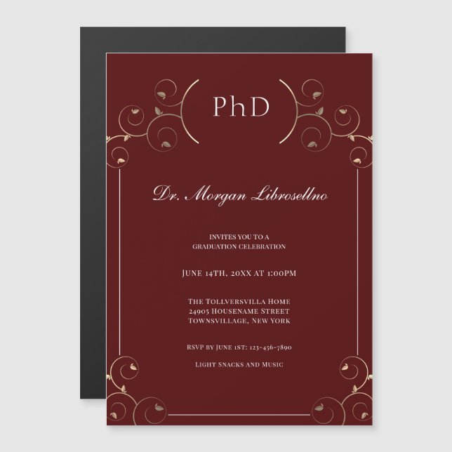 Invitación Magnética Elegante graduación de PhD Gold Burgundy (Anverso/Reverso)