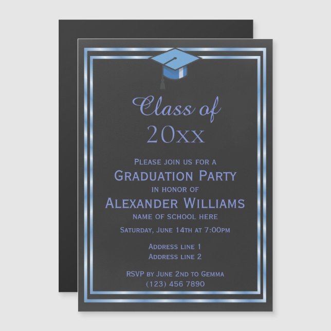 Invitación Magnética Elegante graduación masculina con doble marco azul (Anverso/Reverso)