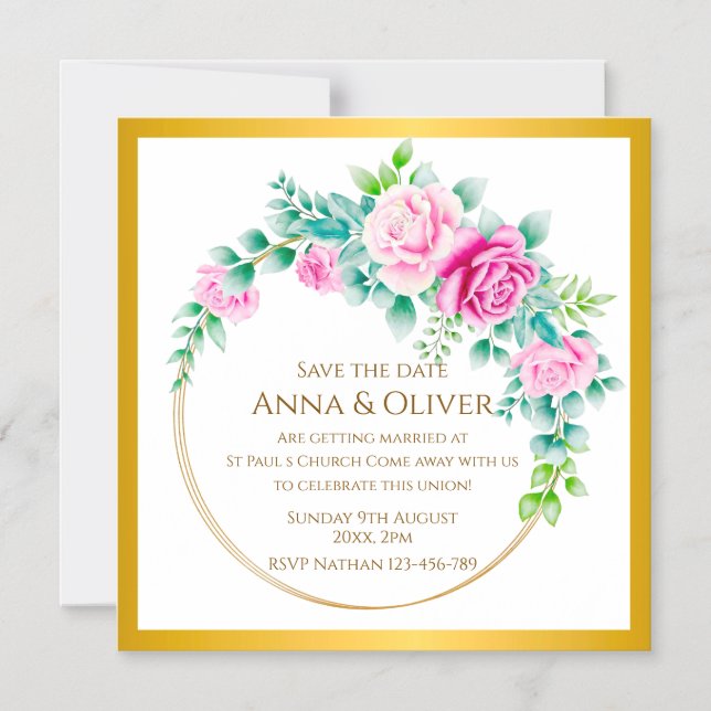 Invitación Magnética Elegante guirnalda rosada de oro salva la fecha (Anverso)