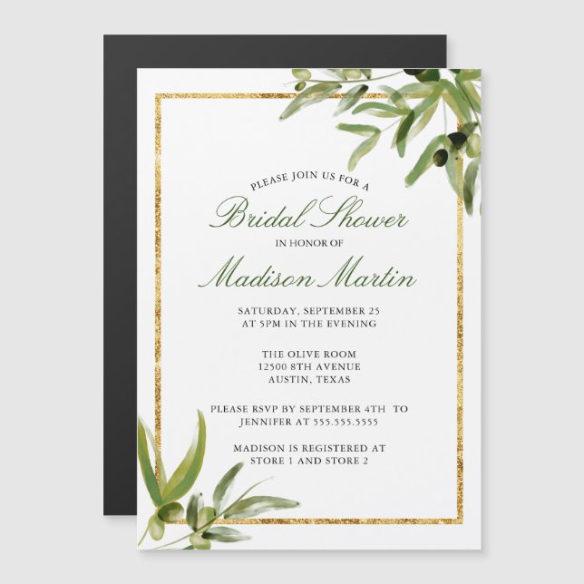 Invitación Magnética Elegante lluvia verde dorada botánica para despedi (Anverso/Reverso)