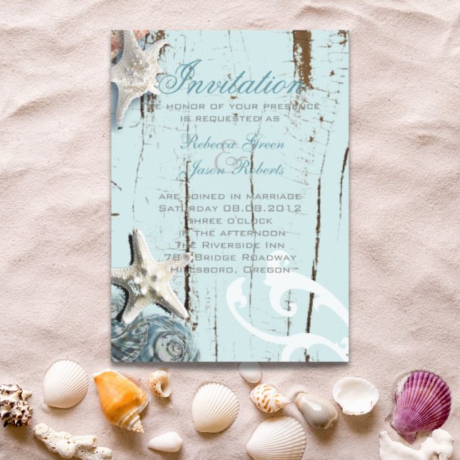 Invitación Magnética Elegante madera BLue Seashells Beach Wedding (Elegant wood BLue Seashells Beach Wedding Magnetic Invitation)