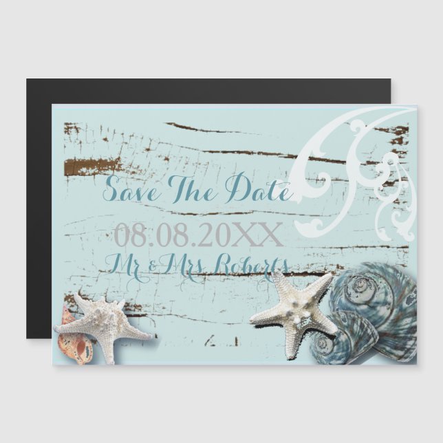 Invitación Magnética Elegante madera BLue Seashells Beach Wedding (Anverso/Reverso)