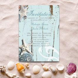 Invitación Magnética Elegante madera conchas de mar azules Boda de play