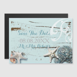 Invitación Magnética Elegante madera conchas de mar azules Boda de play