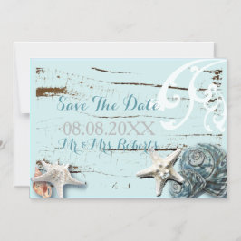 Invitación Magnética Elegante madera conchas de mar azules Boda de play