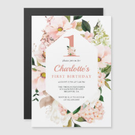 Invitación Magnética Elegante Magnolia Rubor Pink Floral Primer cumplea
