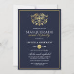 Invitación Magnética Elegante Marina Azul y Mascarada de Oro Dulce 16 F<br><div class="desc">Elegante Mascarada Azul y Oro de la Marina Dulce 16 Invitaciones Magnéticas Fiestas. Con una falsa máscara de Relieve metalizado dorado en la parte superior contra un fondo azul marino. Perfecto para una fiesta de 16 cumpleaños moderna y elegante.</div>