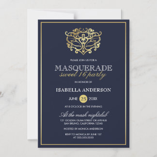 Invitación Magnética Elegante Marina Azul y Mascarada de Oro Dulce 16 F