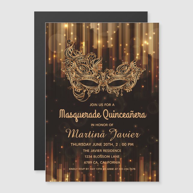 Invitación Magnética Elegante Masquerade Quinceañera 15 cumpleaños (Anverso/Reverso)