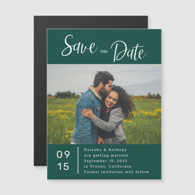 Invitación Magnética Elegante matrimonio de fotos verde esmeralda salva (Anverso/Reverso)
