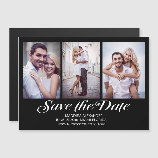 Invitación Magnética Elegante Moderno Black 3 Photo Wedding Salva La Fe (Anverso/Reverso)