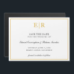Invitación Magnética Elegante Monograma de Oro Boda formal Guardar la f<br><div class="desc">Elegante magnético ahorra la fecha con tu monograma inicial en oro falso,  dentro de un borde,  sobre un fondo blanco. Este elegante diseño es ideal para un boda formal.</div>