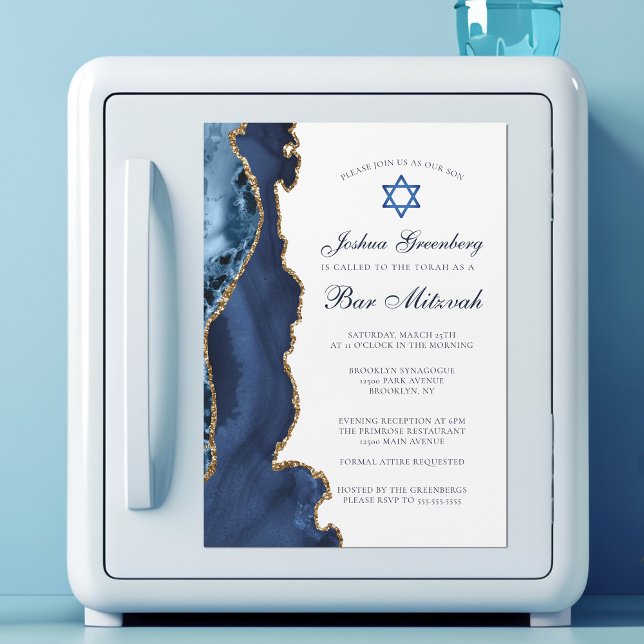 Invitación Magnética Elegante Navy Blue Gold Agate Bar Mitzvah Fiesta (Subido por el creador)