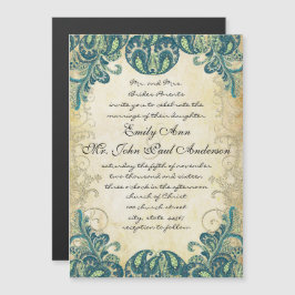 Invitación Magnética Elegante Paisley Peacock Verde Azul y Oro