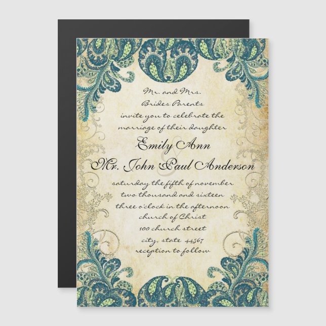 Invitación Magnética Elegante Paisley Peacock Verde Azul y Oro (Anverso/Reverso)