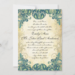 Invitación Magnética Elegante Paisley Peacock Verde Azul y Oro